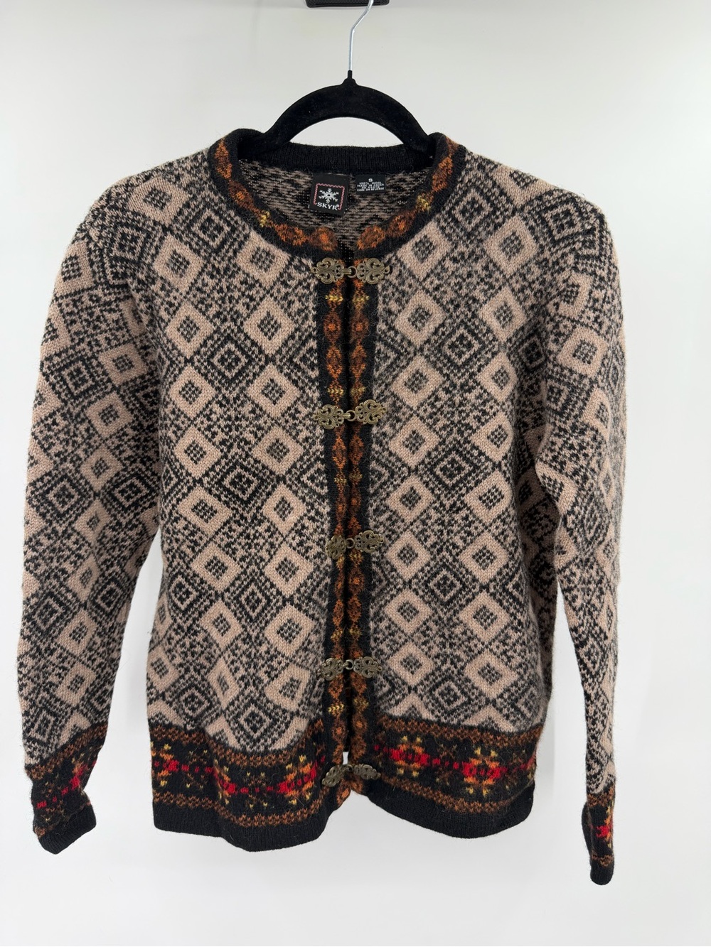 Vintage 90s Skyr 100% Wool Nordic Fair Isle Cardigan Sweater Clasp Apres Ski Sm